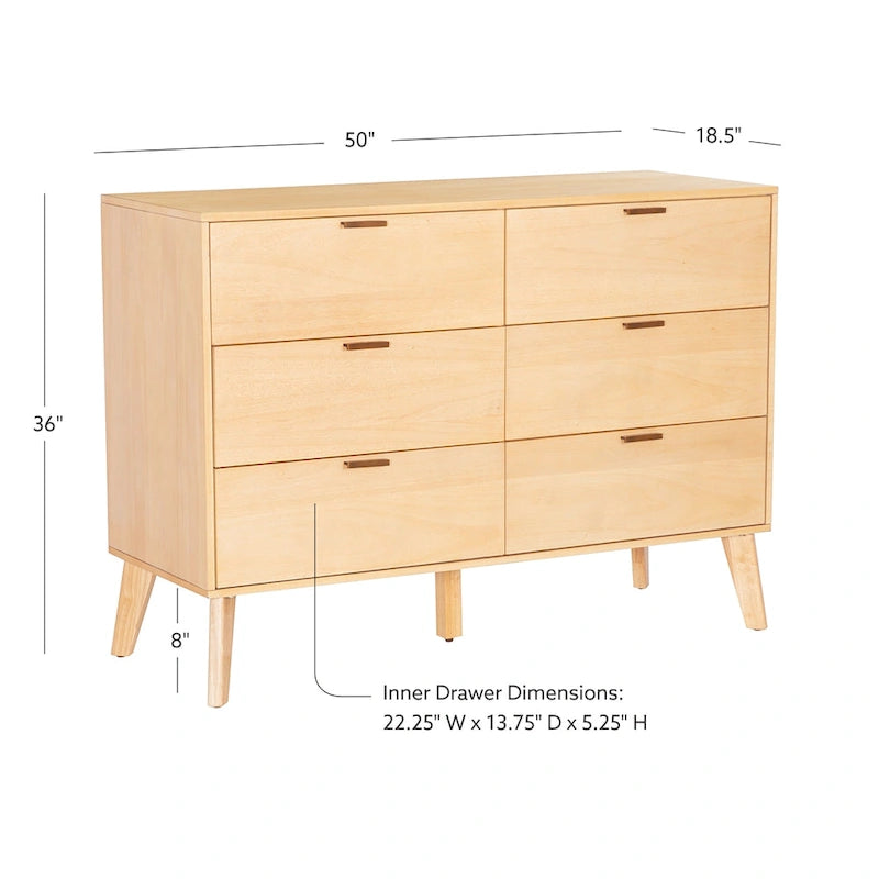 Mid-Century 6-Drawer Dresser in Natural and Walnut Wood Tones