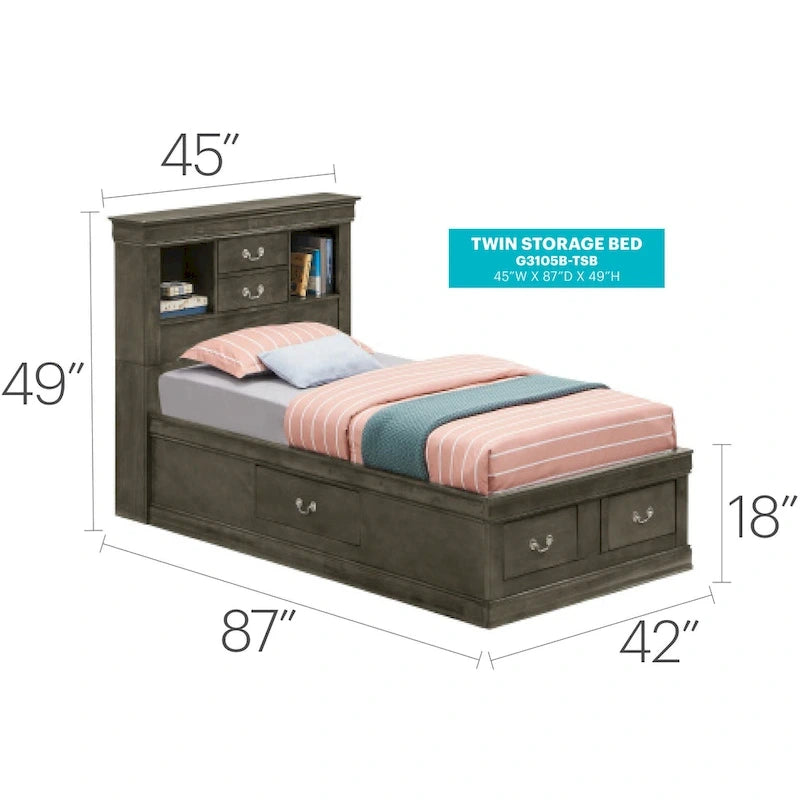 Twin Storage Platform Bed with 6 Under-Bed Drawers - Classic Style