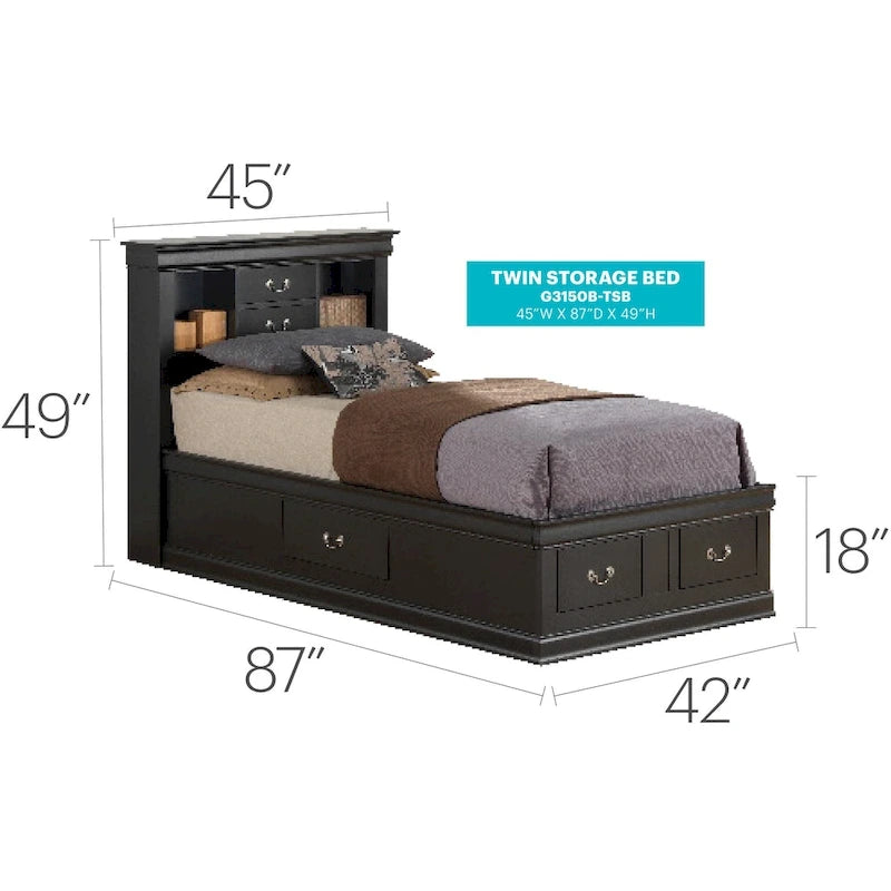 Twin Storage Platform Bed with 6 Under-Bed Drawers - Classic Style