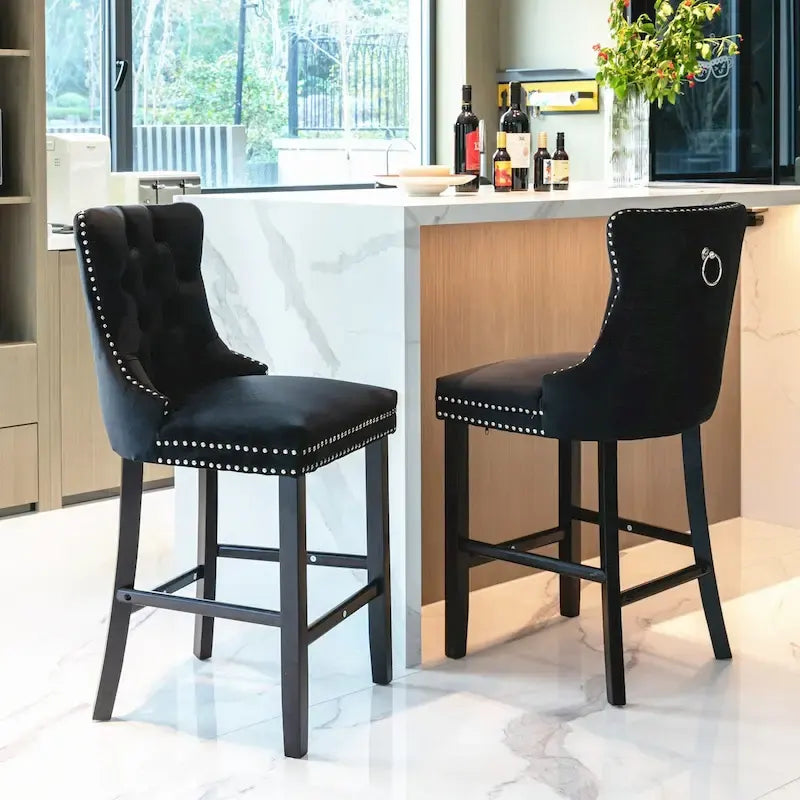 Velvet Upholstered Barstools with Button Tufting and Wooden Legs, Set of 2