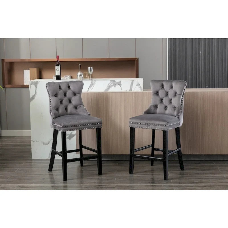 Velvet Upholstered Barstools with Button Tufting and Wooden Legs, Set of 2