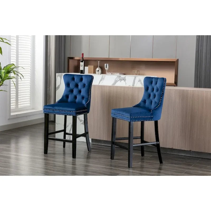 Velvet Upholstered Barstools with Button Tufting and Wooden Legs, Set of 2