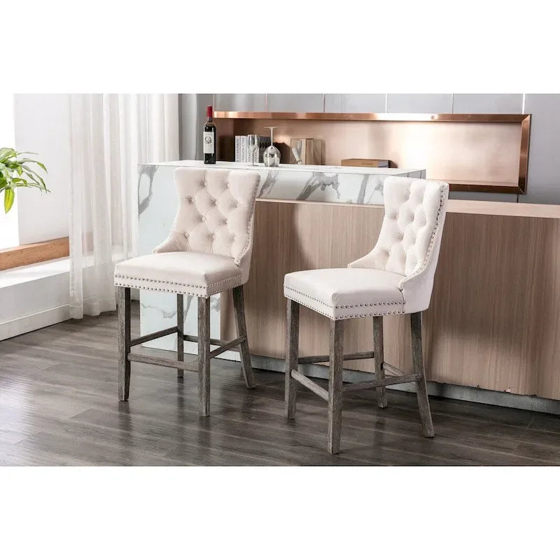 Velvet Upholstered Barstools with Button Tufting and Wooden Legs, Set of 2