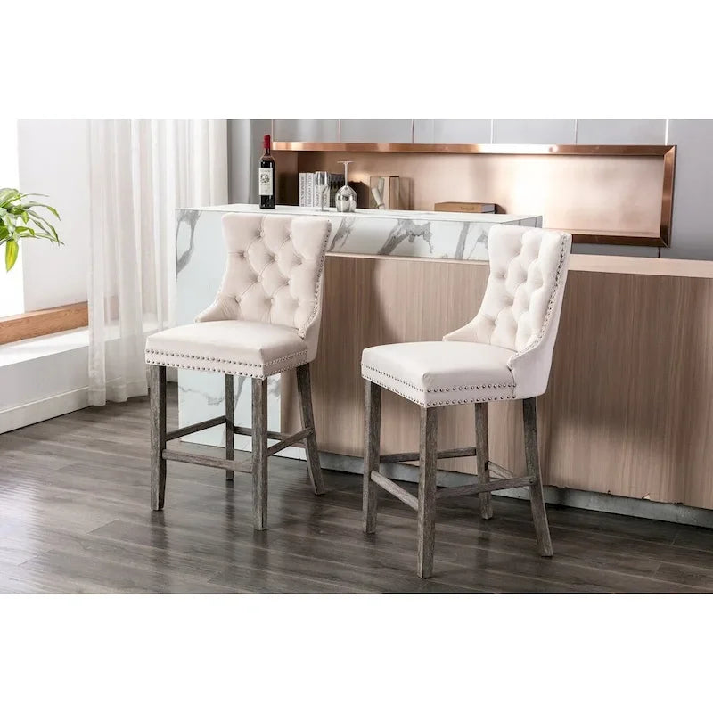 Velvet Upholstered Barstools with Button Tufting and Wooden Legs, Set of 2