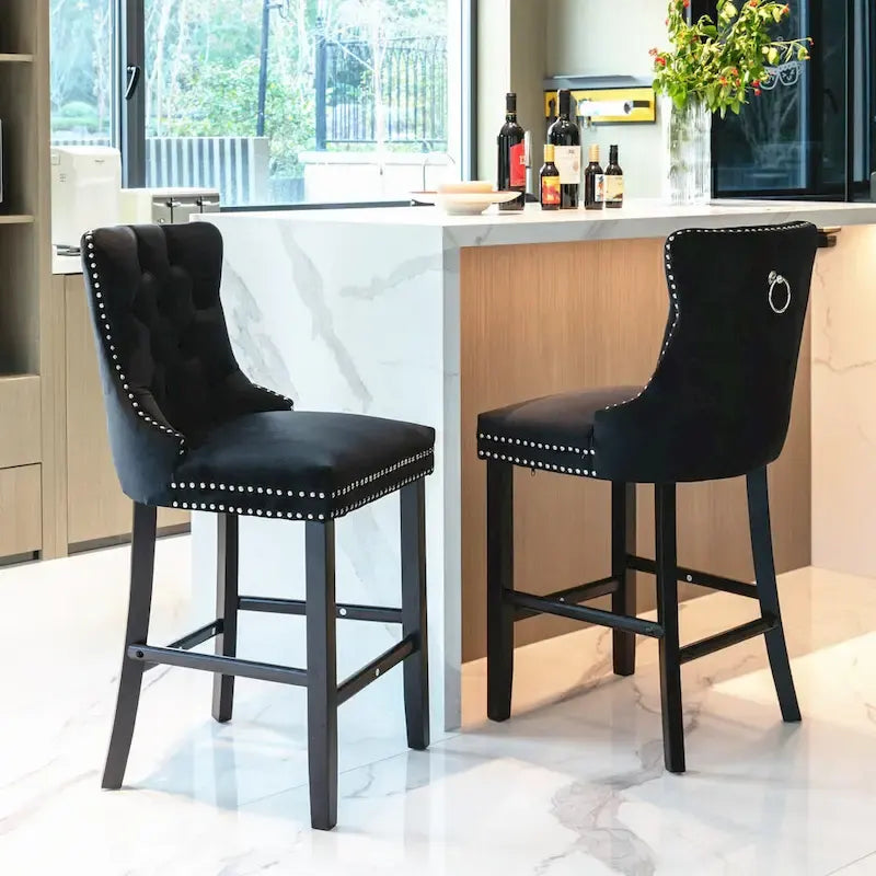 Velvet Upholstered Barstools with Button Tufting and Wooden Legs, Set of 2