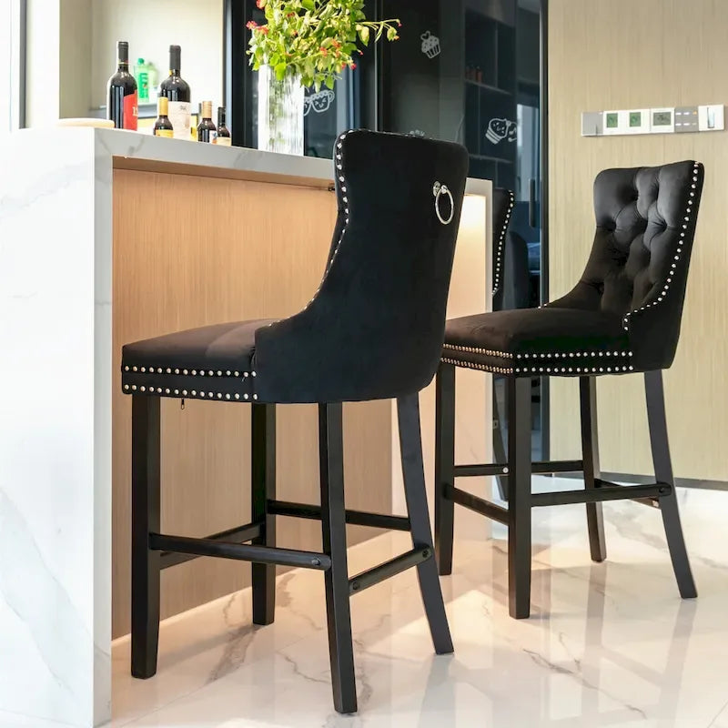 Velvet Upholstered Barstools with Button Tufting and Wooden Legs, Set of 2