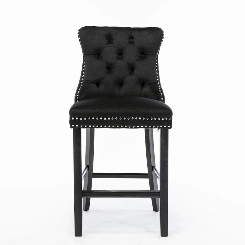Velvet Upholstered Barstools with Button Tufting and Wooden Legs, Set of 2