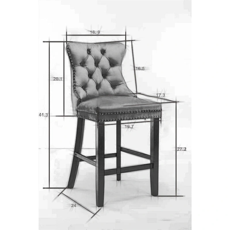 Velvet Upholstered Barstools with Button Tufting and Wooden Legs, Set of 2
