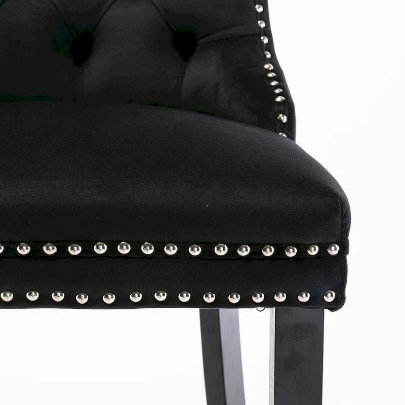 Velvet Upholstered Barstools with Button Tufting and Wooden Legs, Set of 2