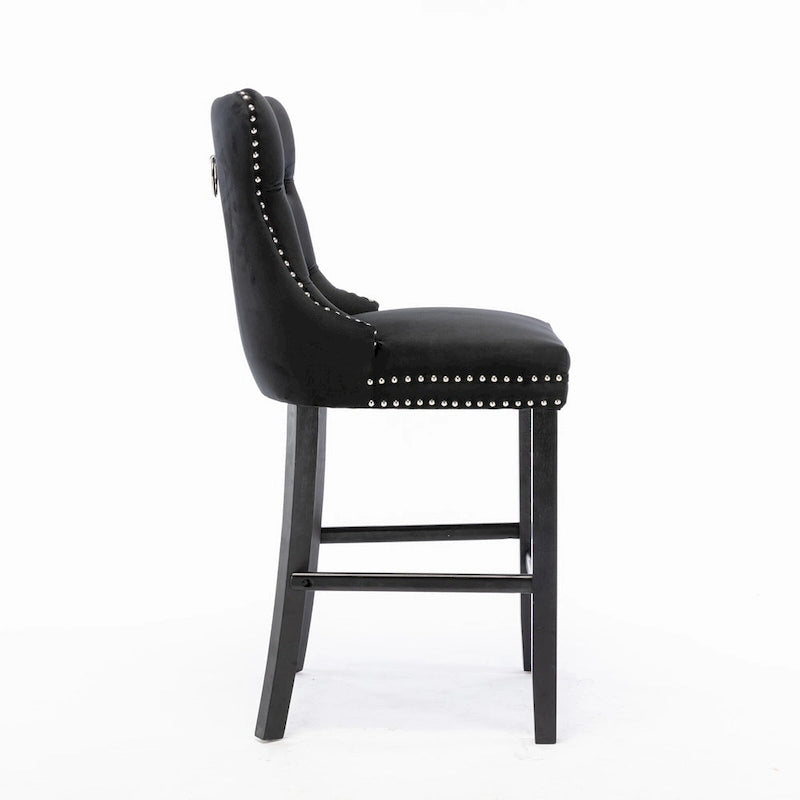 Velvet Upholstered Barstools with Button Tufting and Wooden Legs, Set of 2