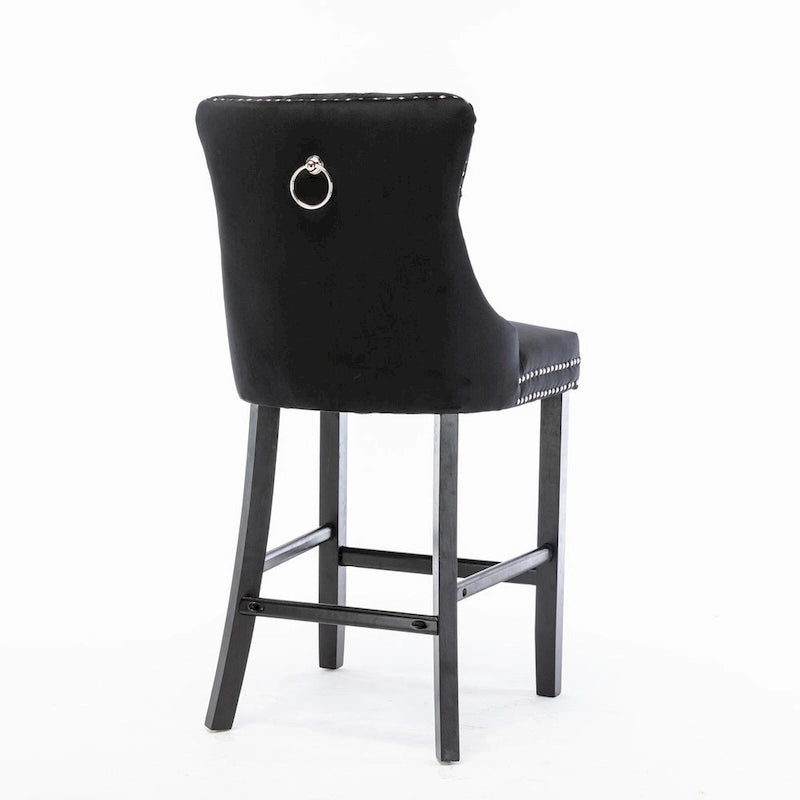 Velvet Upholstered Barstools with Button Tufting and Wooden Legs, Set of 2