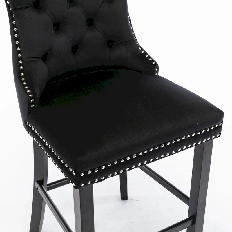 Velvet Upholstered Barstools with Button Tufting and Wooden Legs, Set of 2