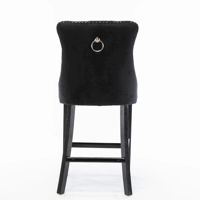Velvet Upholstered Barstools with Button Tufting and Wooden Legs, Set of 2