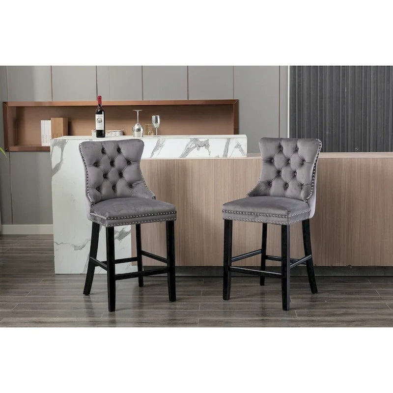 Velvet Upholstered Barstools with Button Tufting and Wooden Legs, Set of 2