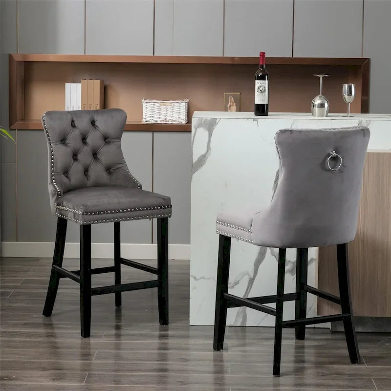 Velvet Upholstered Barstools with Button Tufting and Wooden Legs, Set of 2