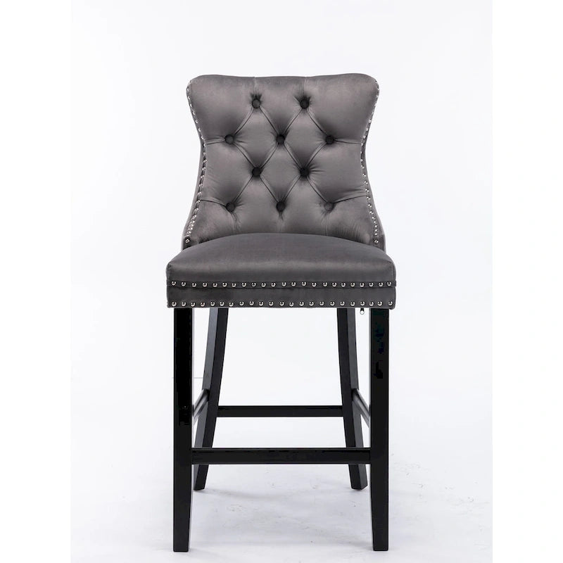 Velvet Upholstered Barstools with Button Tufting and Wooden Legs, Set of 2