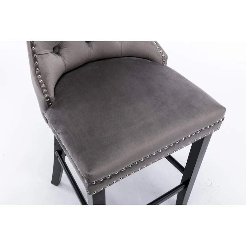 Velvet Upholstered Barstools with Button Tufting and Wooden Legs, Set of 2