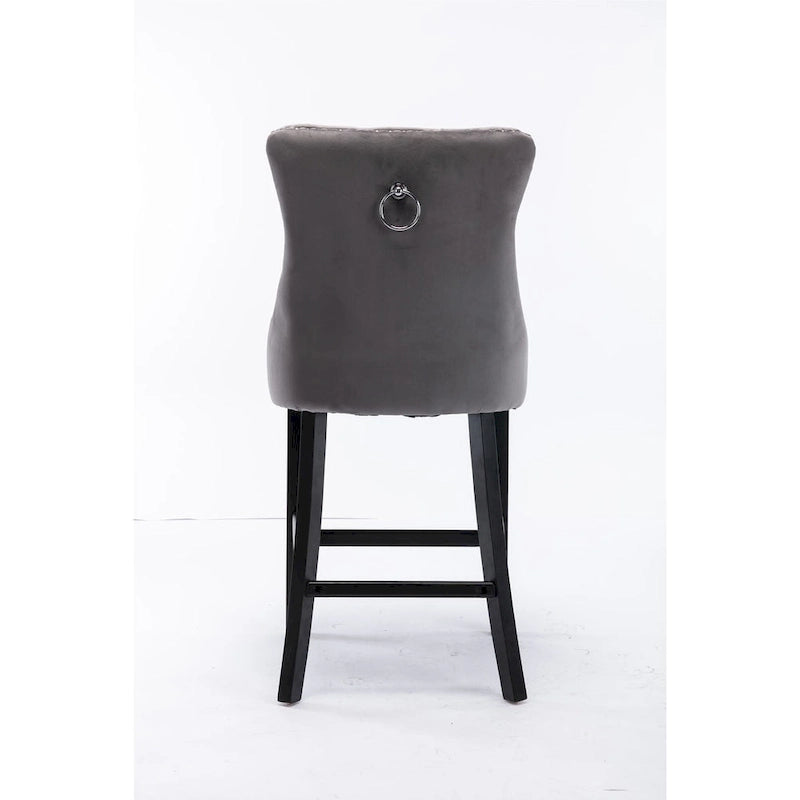 Velvet Upholstered Barstools with Button Tufting and Wooden Legs, Set of 2