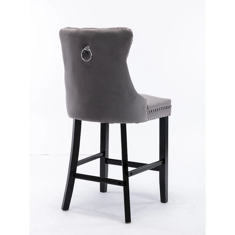 Velvet Upholstered Barstools with Button Tufting and Wooden Legs, Set of 2