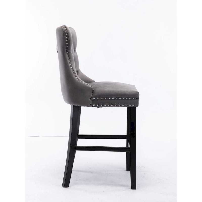Velvet Upholstered Barstools with Button Tufting and Wooden Legs, Set of 2