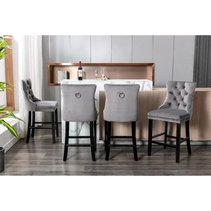 Velvet Upholstered Barstools with Button Tufting and Wooden Legs, Set of 2