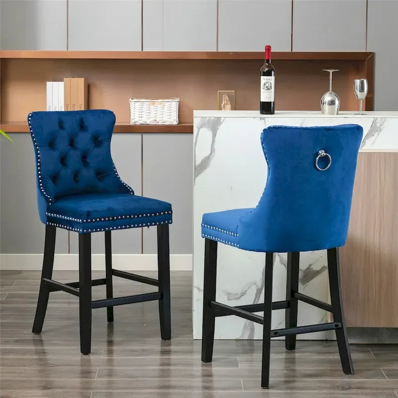 Velvet Upholstered Barstools with Button Tufting and Wooden Legs, Set of 2