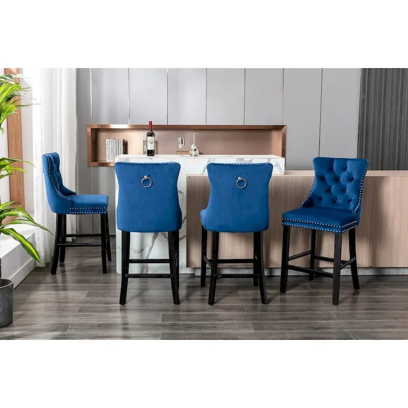 Velvet Upholstered Barstools with Button Tufting and Wooden Legs, Set of 2