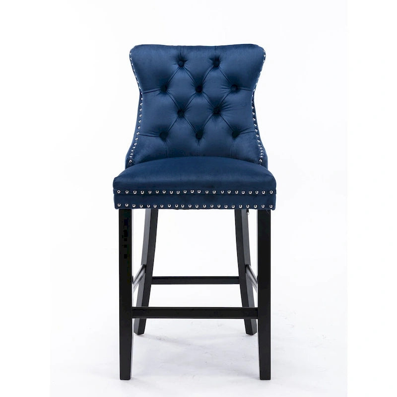 Velvet Upholstered Barstools with Button Tufting and Wooden Legs, Set of 2