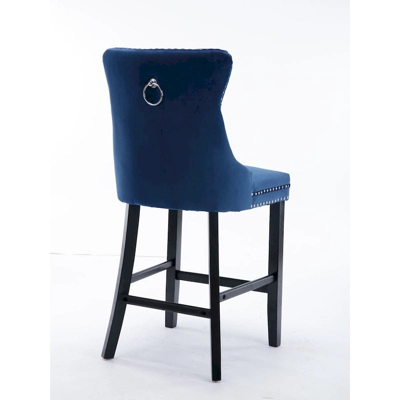 Velvet Upholstered Barstools with Button Tufting and Wooden Legs, Set of 2