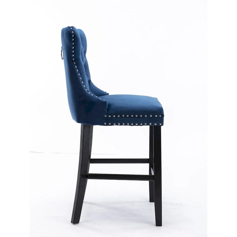 Velvet Upholstered Barstools with Button Tufting and Wooden Legs, Set of 2