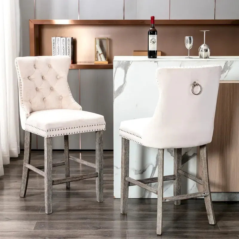 Velvet Upholstered Barstools with Button Tufting and Wooden Legs, Set of 2