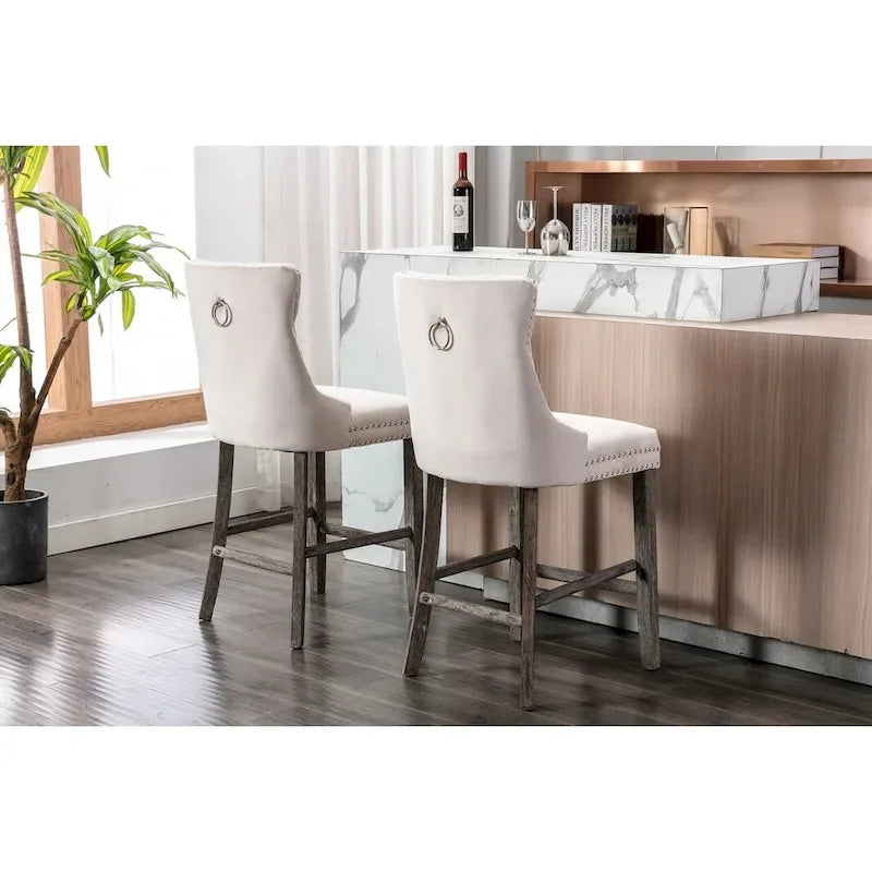 Velvet Upholstered Barstools with Button Tufting and Wooden Legs, Set of 2