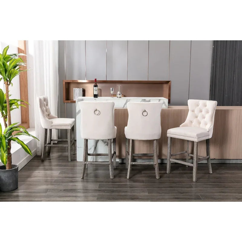 Velvet Upholstered Barstools with Button Tufting and Wooden Legs, Set of 2