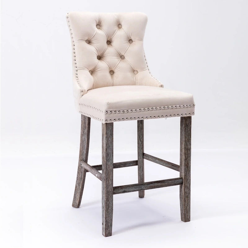 Velvet Upholstered Barstools with Button Tufting and Wooden Legs, Set of 2