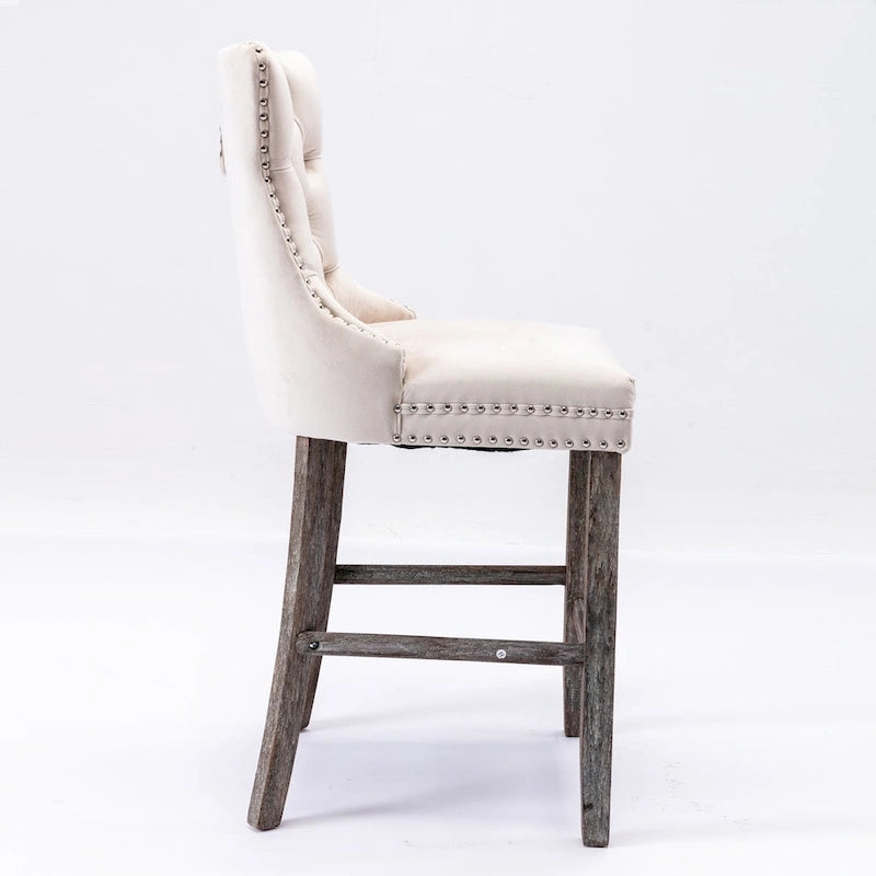 Velvet Upholstered Barstools with Button Tufting and Wooden Legs, Set of 2