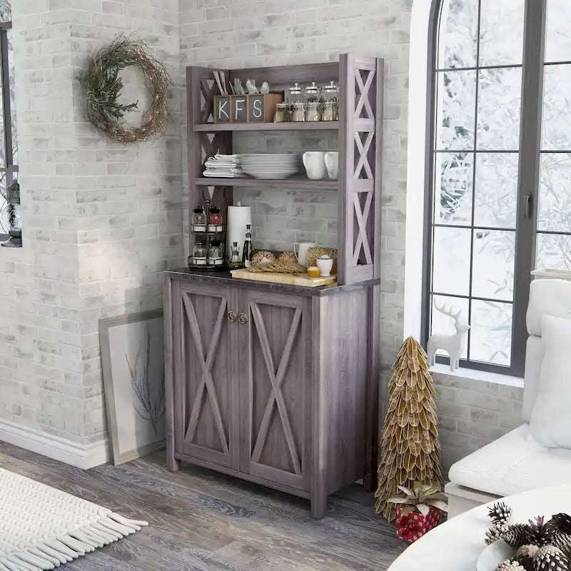 Rustic Multi-Shelf Microwave Cabinet with 2-Door Storage - 64"H