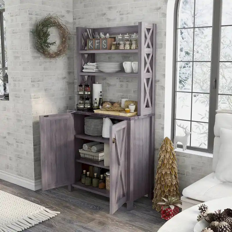 Rustic Multi-Shelf Microwave Cabinet with 2-Door Storage - 64"H