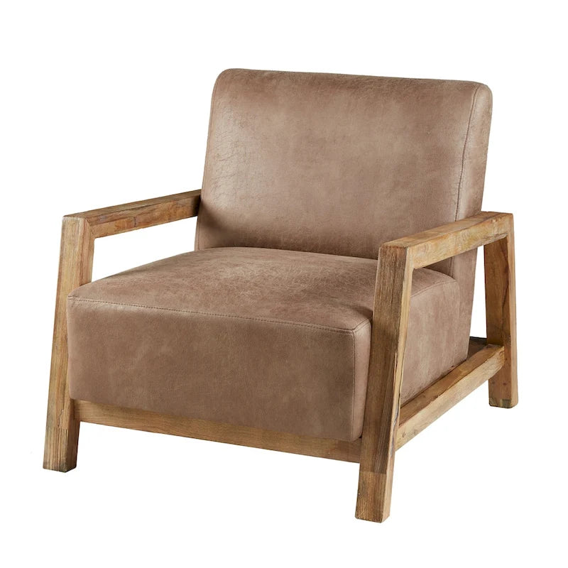 Low Profile Accent Chair with Reclaimed Oak Frame and Faux Leather