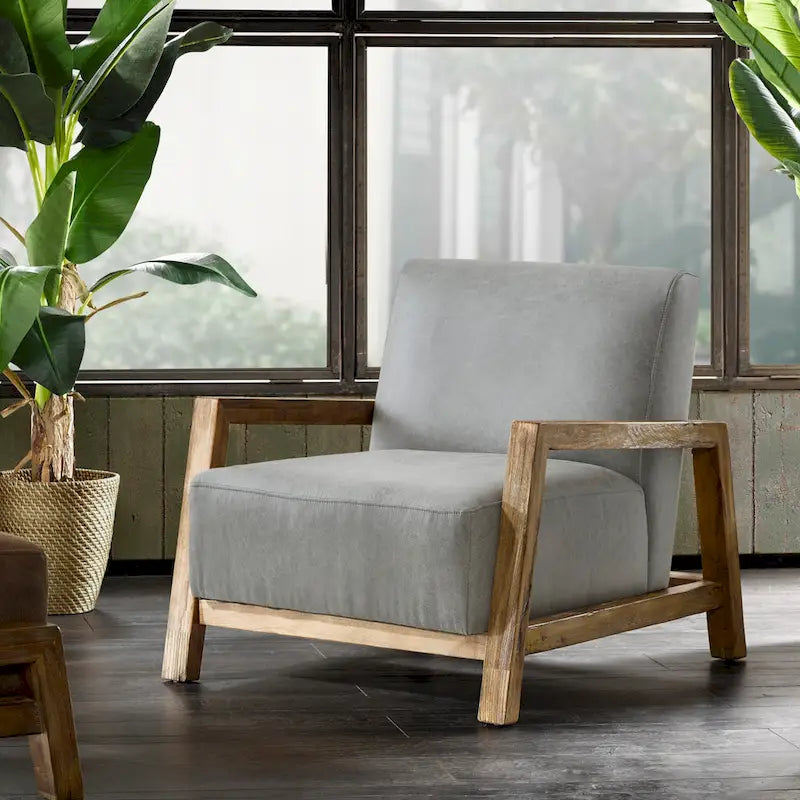 Low Profile Accent Chair with Reclaimed Oak Frame and Faux Leather