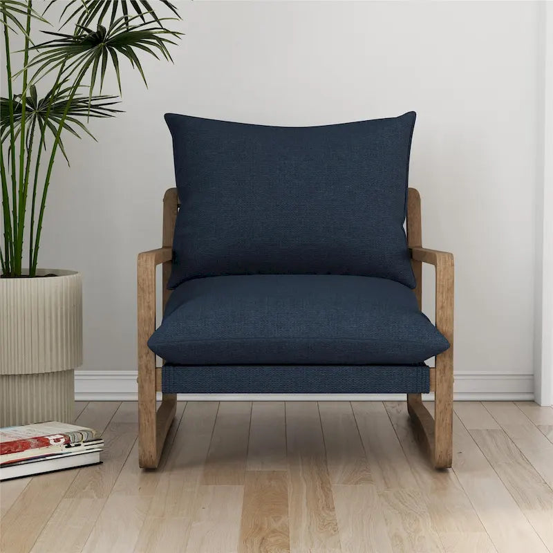 Coastal Sling Accent Chair with Solid Wood Frame and Linen Cushions
