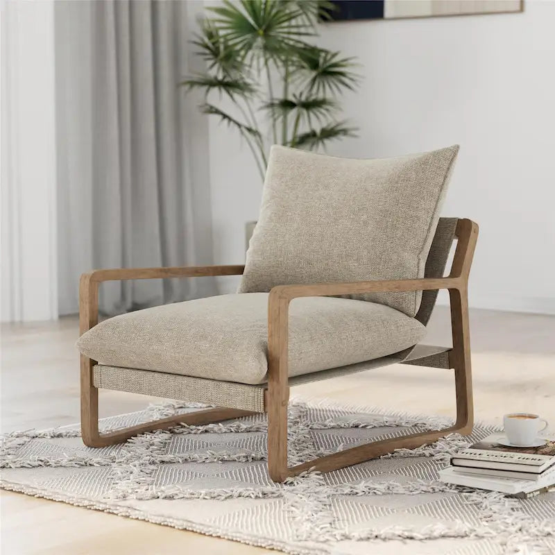 Coastal Sling Accent Chair with Solid Wood Frame and Linen Cushions