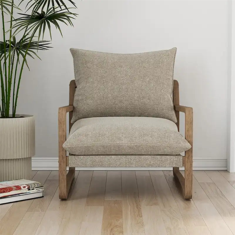 Coastal Sling Accent Chair with Solid Wood Frame and Linen Cushions