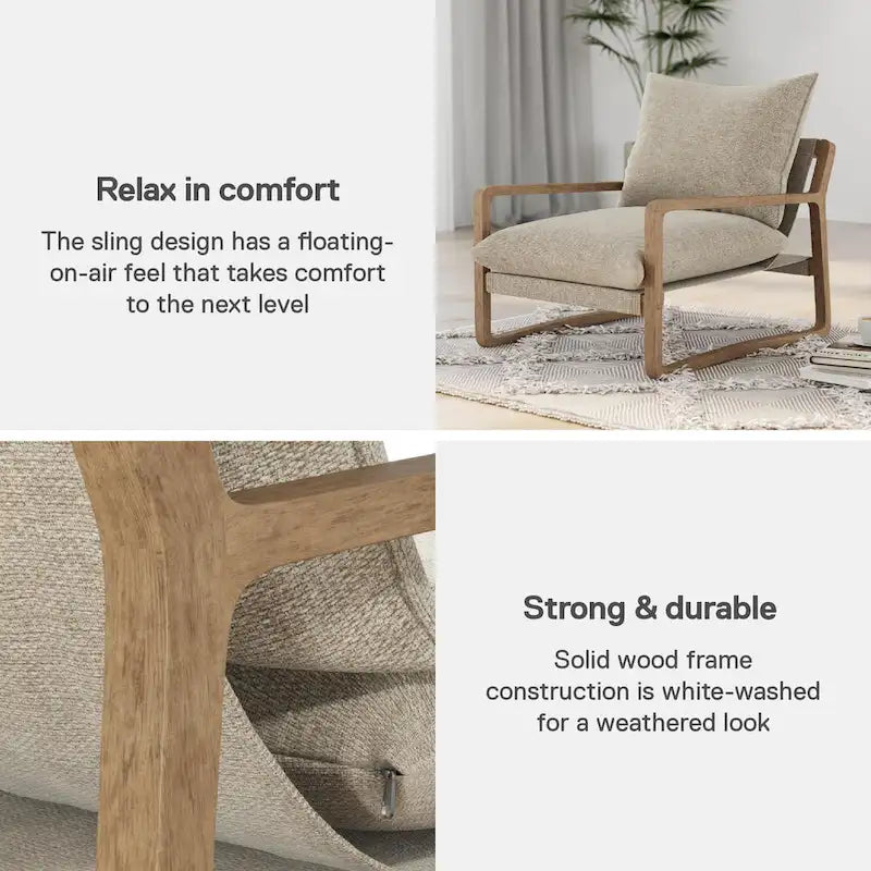 Coastal Sling Accent Chair with Solid Wood Frame and Linen Cushions