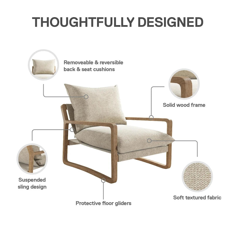 Coastal Sling Accent Chair with Solid Wood Frame and Linen Cushions