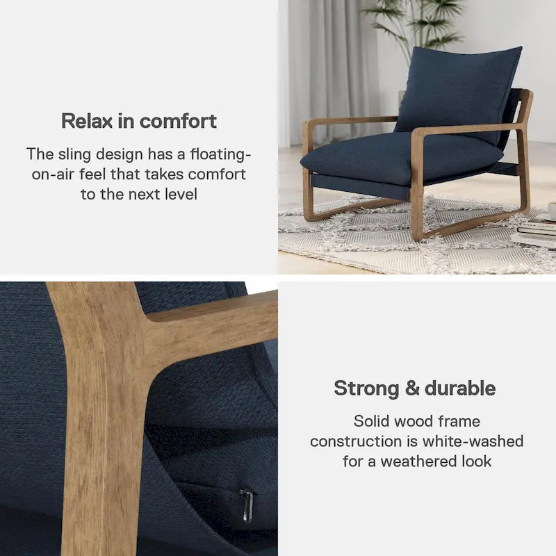 Coastal Sling Accent Chair with Solid Wood Frame and Linen Cushions