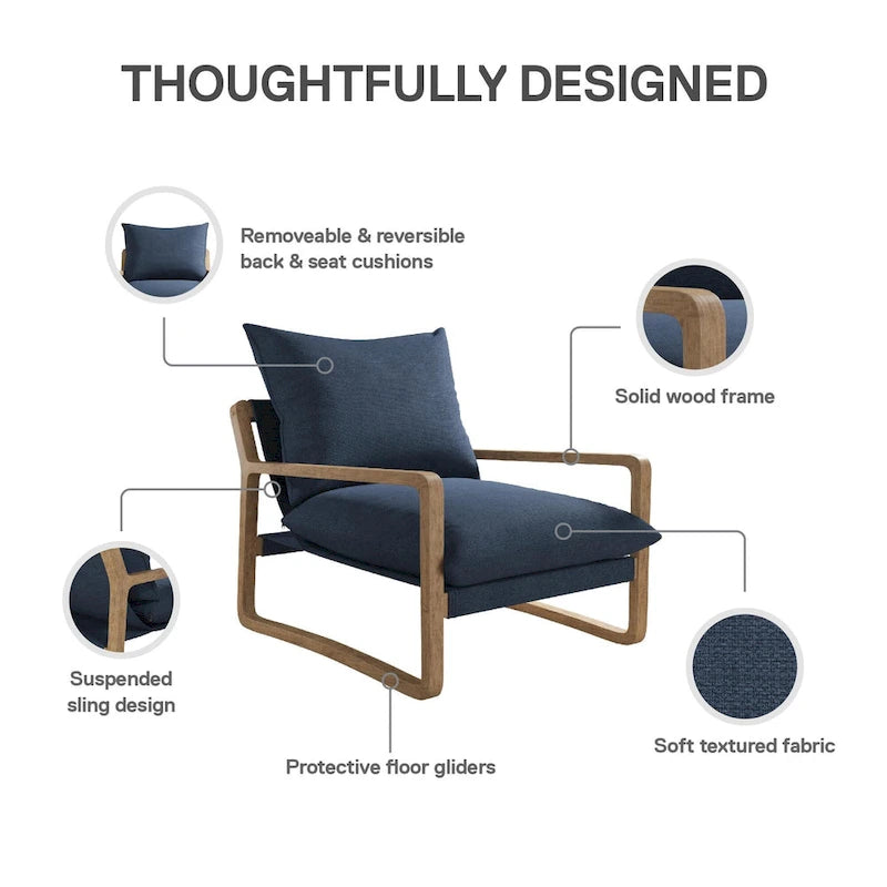 Coastal Sling Accent Chair with Solid Wood Frame and Linen Cushions