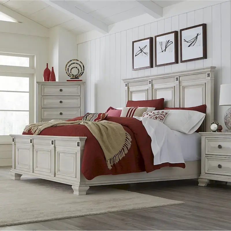 Distressed Parchment Wood Panel Bed with Fluted Pilasters - King/Queen