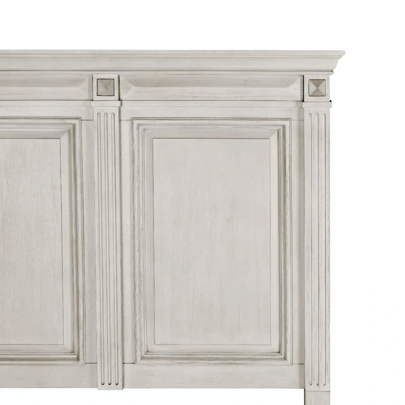 Distressed Parchment Wood Panel Bed with Fluted Pilasters - King/Queen