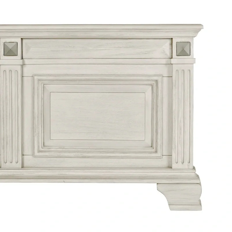 Distressed Parchment Wood Panel Bed with Fluted Pilasters - King/Queen