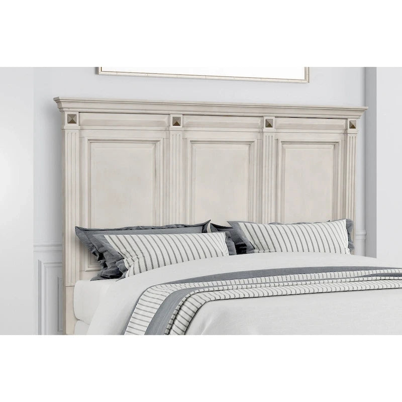 Distressed Parchment Wood Panel Bed with Fluted Pilasters - King/Queen
